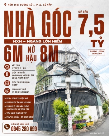 Góc HXH Lê Đức Thọ Phạm Văn Chiêu P13 ngang 6m Nở Hậu 8m, CN 57m2, 3 tầng, ĐCT 18tr, chỉ 7.5 Tỷ TL