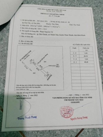 Nhượng 250m2 mặt tiền TL 749 Tân Châu Tây Ninh sổ sẵn. Ngân Hàng hổ trợ 