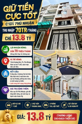 GIỮ TIỀN CỰC TỐT - CHDV PHÚ NHUẬN - THU NHẬP 70TR/THÁNG - CHỈ 13.8 TỶ