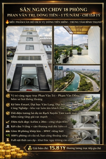 SĂN NGAY! CHDV 18 PHÒNG PHAN VĂN TRỊ, DÒNG TIỀN ~ 1 TỶ/NĂM - CHỈ 15.8 TỶ