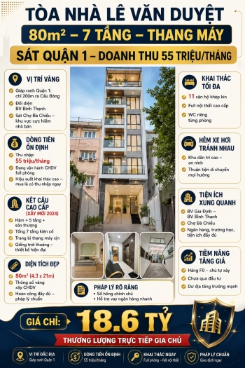 TÒA NHÀ LÊ VĂN DUYỆT 80m2 - 7 TẦNG THANG MÁY - SÁT Q1 - DOANH THU 55TR/THÁNG