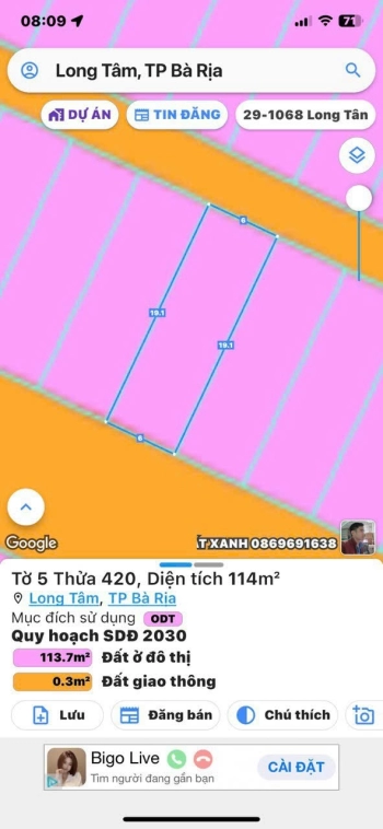 CHÍNH CHỦ GỬI BÁN LÔ ĐẤT MẶT TIỀN ĐƯỜNG LÊ VĂN LƯƠNG  THUỘC PHƯỜNG LONG TÂM- TP-BR -BR-VT   DT 6x19,1 có 100tc  Giá Bán 2tỷ750 tl  Anh chị em có nhu cầu mua đầu